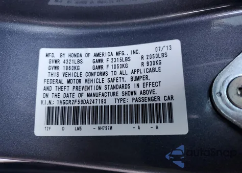 2013 Honda Accord Sport z USA, uszkodzony, nr VIN 1HGCR2F59DA247195